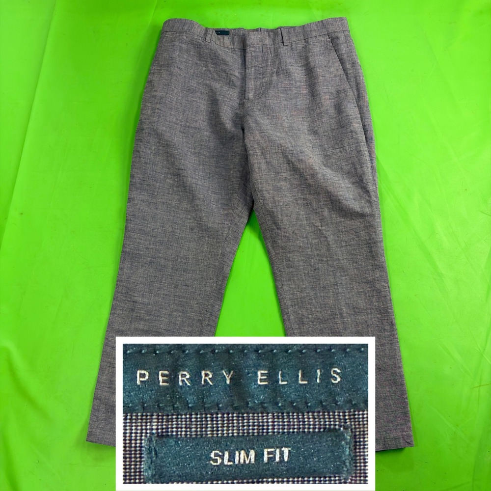 Perry Ellis Slim Fit Dress Pants Mens 33/30 Gray Micro Check Flat Front Slacks